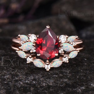 Vintage Teardrop Ruby Engagement Ring Set Unique 14k Rose Gold Moissanite Opal Cluster Ring Art Deco July Birthstone 2pcs Bridal Ring Set