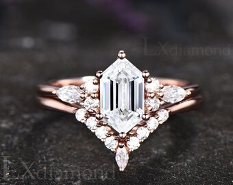 Long hexagon cut moissanite ring dainty unique engagement ring set 14k rose gold marquise cut diamond ring women wedding bridal ring set