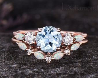 Round Cut March Birthstone Natural Aquamarine Engagement Ring Set October Birthstone Opal Wedding Band 14k Rose Gold 2pcs Bridal Ring Set