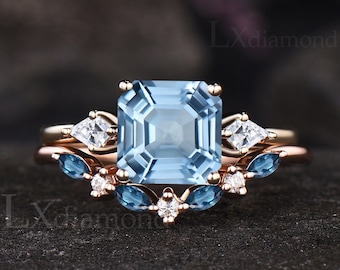 Art Deco Asscher Sky Blue Topaz Engagement Ring Set Unique Kite Moissanite Three Stone Ring Vintage London Blue Topaz Band 2pcs Bridal Set