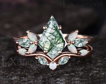 Unique Kite Cut Natural Green Moss Agate Engagement Ring Set Vintage October Birthstone Opal Wedding Ring 14k Rose Gold 2pcs Bridal Ring Set