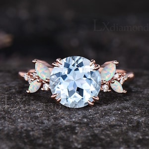 March Birthstone Natural Aquamarine Engagement Ring Unique October Birthstone Opal Cluster Ring Art Deco Moissanite Bridal Ring Women Gift
