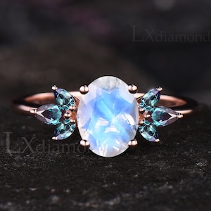 Unique Natural Blue Moonstone Engagement Ring Vintage June Birthstone Alexandrite Wedding Ring 14k Rose Gold Seven Stone Cluster Bridal Ring