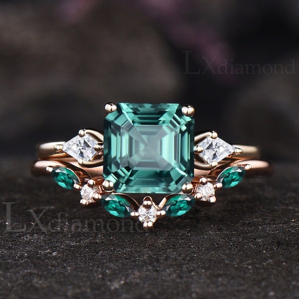 Vintage Green Sapphire Ring Unique Asscher Cut Green Gemstone Engagement Ring Set Marquise Emerald Seven Stone Band 2pcs Promise Ring Set