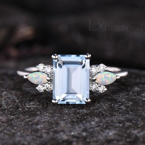 Unique Emerald Cut Natural Aquamarine Ring Vintage March Birthstone Blue Gemstone Aquamarine Engagement Ring Opal Moissanite Cluster Ring