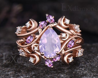 Blatt Natur inspiriert Mond Ring Birne natürliche Lavendel Amethyst Verlobungsring Set Einzigartige Februar Birthstone Amethyst 3 Stück Brautring Set