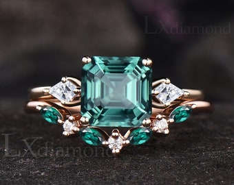 Vintage Green Sapphire Ring Unique Asscher Cut Green Gemstone Engagement Ring Set Marquise Emerald Seven Stone Band 2pcs Promise Ring Set