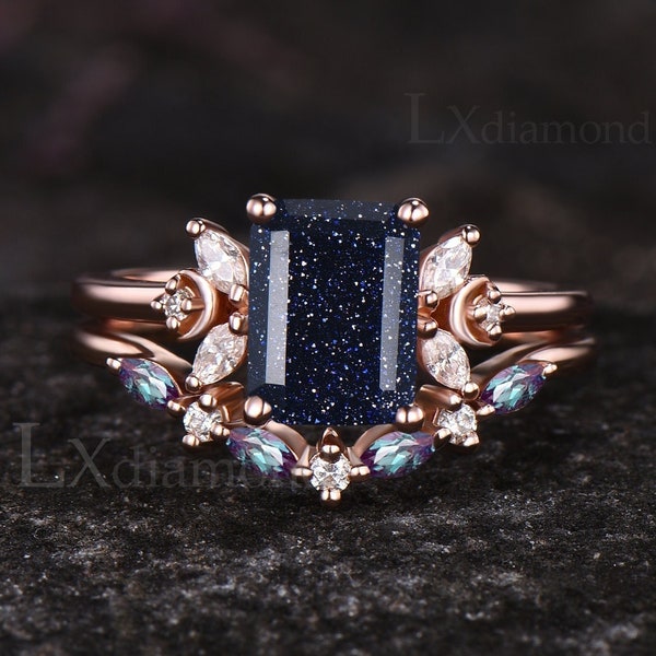 Galaxy Emerald Cut Blue Sandstone Engagement Ring Set Art Deco Marquise Alexandrite Moon Wedding Ring Rose Gold Seven Stone 2pcs Bridal Set