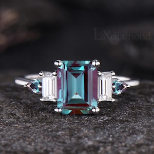 Emerald Cut Alexandrite Engagement Ring Vintage June Birthstone Color Change Stone Ring Art Deco Sterling Silver 10k White Gold Bridal Ring