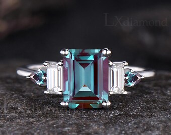 Emerald Cut Alexandrite Engagement Ring Vintage June Birthstone Color Change Stone Ring Art Deco Sterling Silver 10k White Gold Bridal Ring
