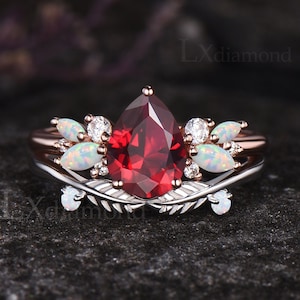 Unique July Birthstone Teardrop Ruby Engagement Ring Set Opal Leaf Nature Inspired Ring Moissanite Cluster 2pcs Bridal Ring Set Women