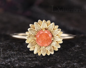 Unique Nature Inspired Sunflower Engagement Ring Round Cut Natural Sunstone Solitaire Ring Art Deco 14k Yellow Gold Orange Gemstone Ring