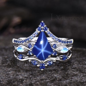 Kite Cut Blue Star Sapphire Engagement Ring Set Unique September Birthstone Blue Sapphire Ring Art Deco 14k White Gold 3pcs Bridal Ring Set