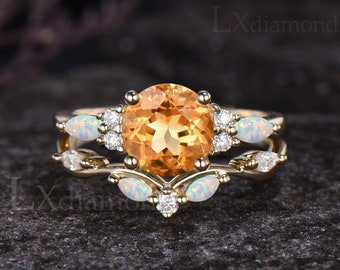 Unique Round Cut Natural Citrine Engagement Ring Set Delicate 14k Yellow Gold Opal Ring Art Deco November Birthstone 2pcs Bridal Ring Set