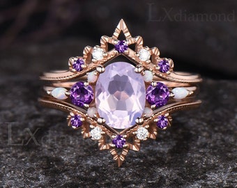 Milgrain Oval Cut Natural Lavender Amethyst Engagement Ring Set February Birthstone Amethyst Opal Cluster Ring Art Deco Purple Crystal Ring