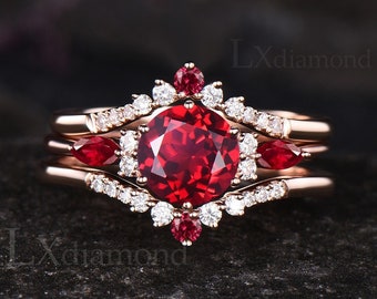 Vintage Round Cut Ruby Engagement Ring Set Antique July Birthstone Cluster Halo Ring Art Deco 14k Rose Gold 3pcs Bridal Ring Set Women Gift
