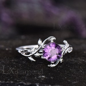 Hexagon cut purple amethyst ring 925 sterling silver ring unique natural amethyst engagement ring leaf solitaire ring wedding ring women