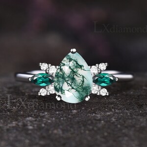 Teardrop Natural Moss Agate Engagement Ring Unique Green Gemstone Emerald Cluster Ring Vintage 925 Sterling Silver Moissanite Bridal Ring