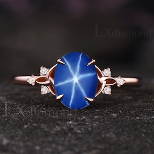 Unique Blue Star Sapphire Engagement Ring Vintage Oval Cut Blue Gemstone Bridal Ring Art Deco Seven Stone Celtic Knot Promise Gift For Women