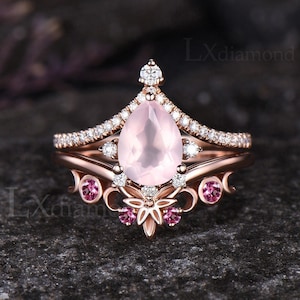 Unique Pear Cut Natural Rose Quartz Engagement Ring Set Art Deco Pink Tourmaline Leaf Nature Inspired Wedding Band Vintage Moon Ring Women