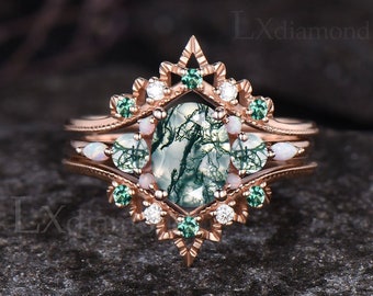 Milgrain Oval Cut Natural Moss Agate Engagement Ring Set Vintage Emerald Opal Cluster Ring Art Deco 14k Rose Gold 3pcs Bridal Ring Set Women