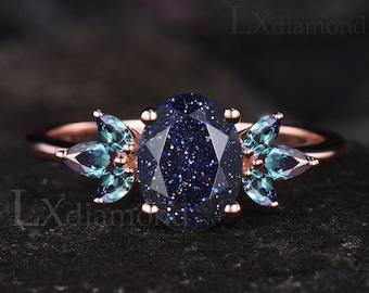 Unique Galaxy Healing Oval Blue Sandstone Engagement Wedding Ring Vintage Rose Gold Sterling Silver June Birthstone Alexandrite Ring Women