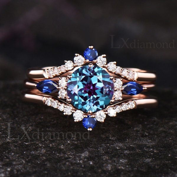 Delicate ronde gesneden juni Birthstone Alexandrite verlovingsring set unieke blauwe saffier Moissanite trouwring Art Deco aangepaste ringset