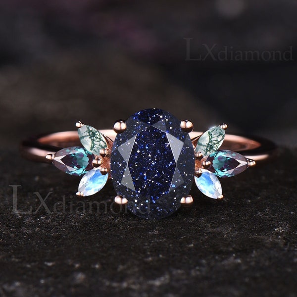 Unique Galaxy Healing Oval Cut Blue Sandstone Engagement Ring Moss Agate Wedding Ring Vintage 14k Rose Gold Moonstone Alexandrite Ring