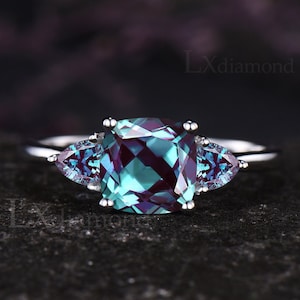 Unique Cushion Cut Alexandrite Engagement Ring Vintage Trillion Alexandrite Three Stone Wedding Ring Art Deco June Birthstone Bridal Ring
