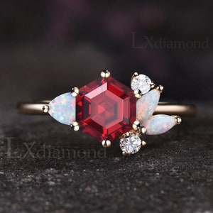 Vintage Hexagon Cut Ruby Engagement Ring Antique Moissanite Opal Cluster Promise Ring Unique 14k Yellow Gold Six Stone Ring Birthday Gift