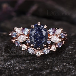 Galaxy Oval Cut Blue Sandstone Engagement Ring Set Blue Gemstone Alexandrite Cluster Wedding Ring 14k Rose Gold Art Deco Promise Jewelry
