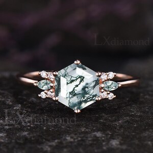 Unique Natural Moss Agate Ring Vintage Hexagon Green Agate Engagement Ring Rose Gold Sterling Silver Moissanite Cluster Custom Birthday Gift