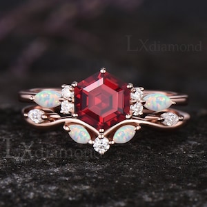 Vintage Hexagon Cut Ruby Engagement Ring Set Unique Opal Wedding Band Art Deco 14k Rose Gold July Birthstone Ruby 2pcs Bridal Ring Set Women