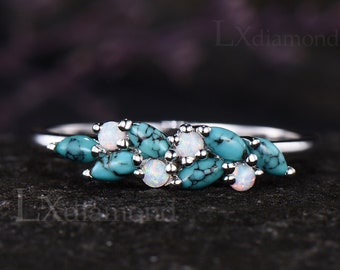 Unique Natural Turquoise Wedding Band Vintage December Birthstone Marquise Turquoise Wedding Ring White Opal Cluster Promise Gift For Women