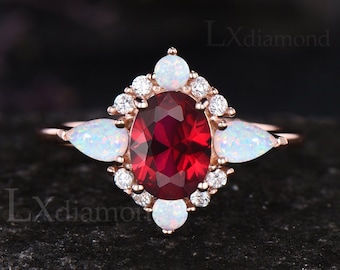 Vintage Oval Cut Ruby Engagement Ring Unique July Birthstone Ruby Ring Antique October Birthstone Opal Halo Ring 14k Rose Gold Bridal Ring