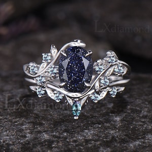 Galaxy Oval Cut Blue Sandstone Engagement Ring Set Unique Alexandrite Leaf Floral Nature Inspired Ring Set Art Deco Healing Jewelry Women