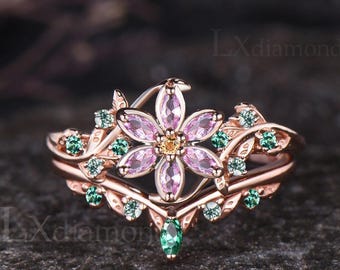 Lily Flower Pink Sapphire Engagement Ring Set, Moss Agate Emerald Leaf Vine Branch Bridal Set, Nature Inspired Botanical Wedding Rings Women