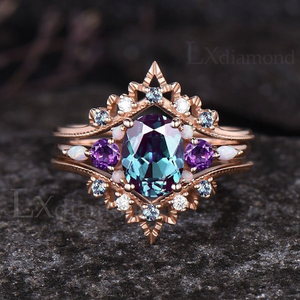 Vintage Oval Cut Alexandrite Engagement Ring Set Milgrain 14k Rose Gold June Birthstone 3pcs Bridal Ring Set Amethyst Opal Cluster Ring