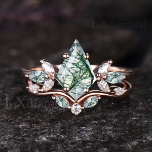 Kite Cut Green Moss Agate Engagement Ring Set Unique Marquise Natural Green Gemstone Cluster Ring 925 Sterling Silver 2pcs Bridal Ring Set