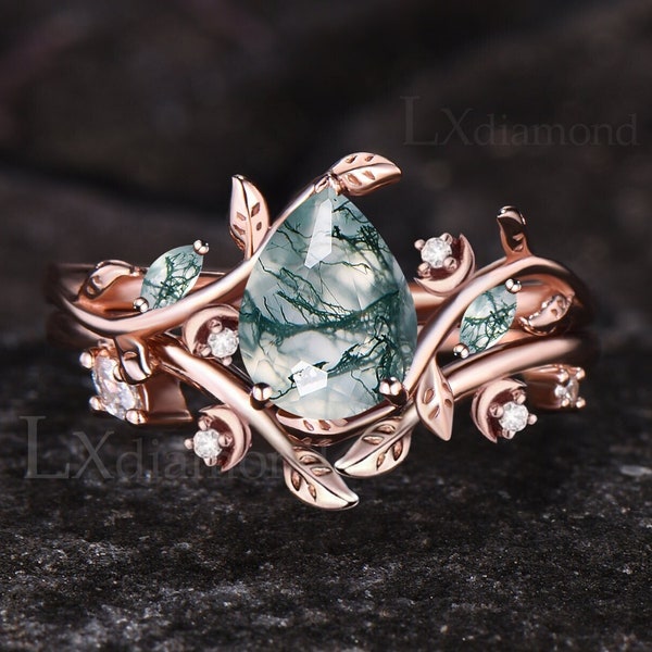 Art Deco Pear Cut Natural Green Moss Agate Engagement Ring Set Unique 14k Rose Gold Leaf Vine Twig Branch Nature Inspired Ring Moon Ring