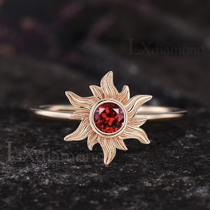 Art Deco Sun Ring Unique Round Cut Natural Garnet Engagement Ring ...