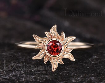 Art-Deco-Sonnenring Einzigartiger runder Schnitt natürlicher Granat-Verlobungsring Januar Birthstone Solitaire Ring Zierlicher Sunburst-Ring Himmlischer Schmuck