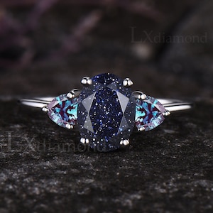 Galaxy Oval Cut Blue Sandstone Engagement Ring June Birthstone Trillion Alexandrite Three Stone Wedding Ring 14k Rose Gold Healing Jewelry