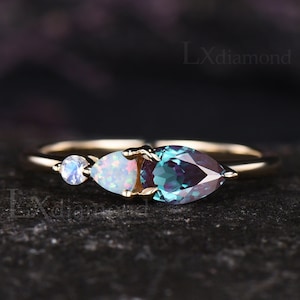Minimalist Pear Alexandrite Wedding Band Unique Trillion Opal Round Moonstone Wedding Ring 14k Yellow Gold Sterling Silver Three Stone Ring