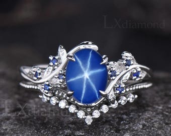 Oval Cut Star Blue Sapphire Engagement Ring Set Leaf Branch Bypass Milgrain Moissanite Nesting Ring 2pcs Bridal Wedding Ring Set For Women