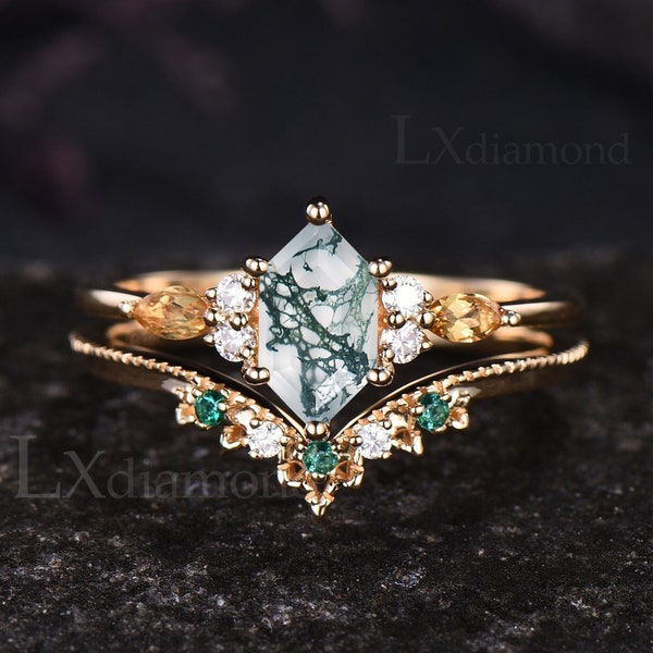 Vintage Long Hexagon Cut Natural Moss Agate Engagement Ring Set Milgrain Citrine Emerald Wedding Ring 14k Yellow Gold 2pcs Bridal Ring Set