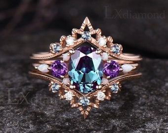 Vintage Oval Cut Alexandrite Engagement Ring Set Milgrain 14k Rose Gold June Birthstone 3pcs Bridal Ring Set Amethyst Opal Cluster Ring