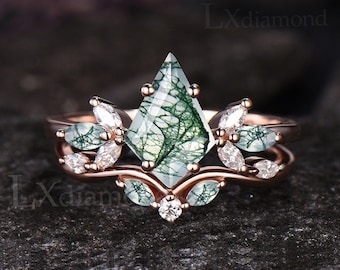 Conjunto de anillos de compromiso de ágata de musgo verde con corte de cometa, anillo de racimo de piedras preciosas verdes naturales de marquesa único, plata de ley 925, conjunto de anillos nupciales de 2 piezas