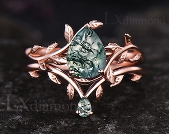 Anillo de compromiso inspirado en la naturaleza con rama de ramita de vid de hoja única, anillo de boda con solitario de ágata de musgo verde con corte de pera, anillo de promesa de oro rosa de 14 k