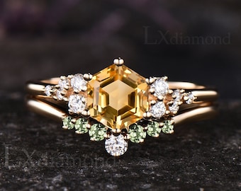 Vintage Hexagon Cut Natural Citrine Engagement Ring Set Unique Moissanite Snowdrift Cluster Ring Round Natural Peridot Wedding Band Women
